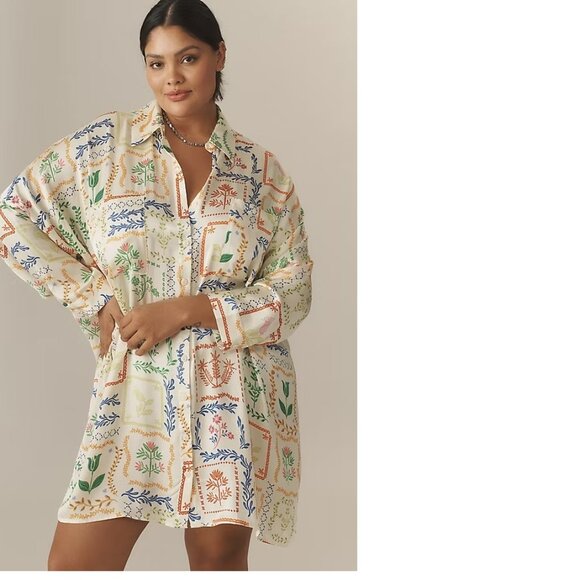 Anthropologie Corey Lynn Calter Long-Sleeve Printed Mini Shirt Dress 1X NEW NW - Picture 1 of 10